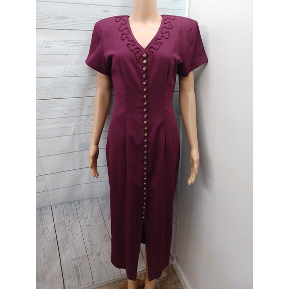 Vtg La Belle Fashion Burgundy Dress Sz 5 Red Applique Roses Button Front - Picture 1 of 8